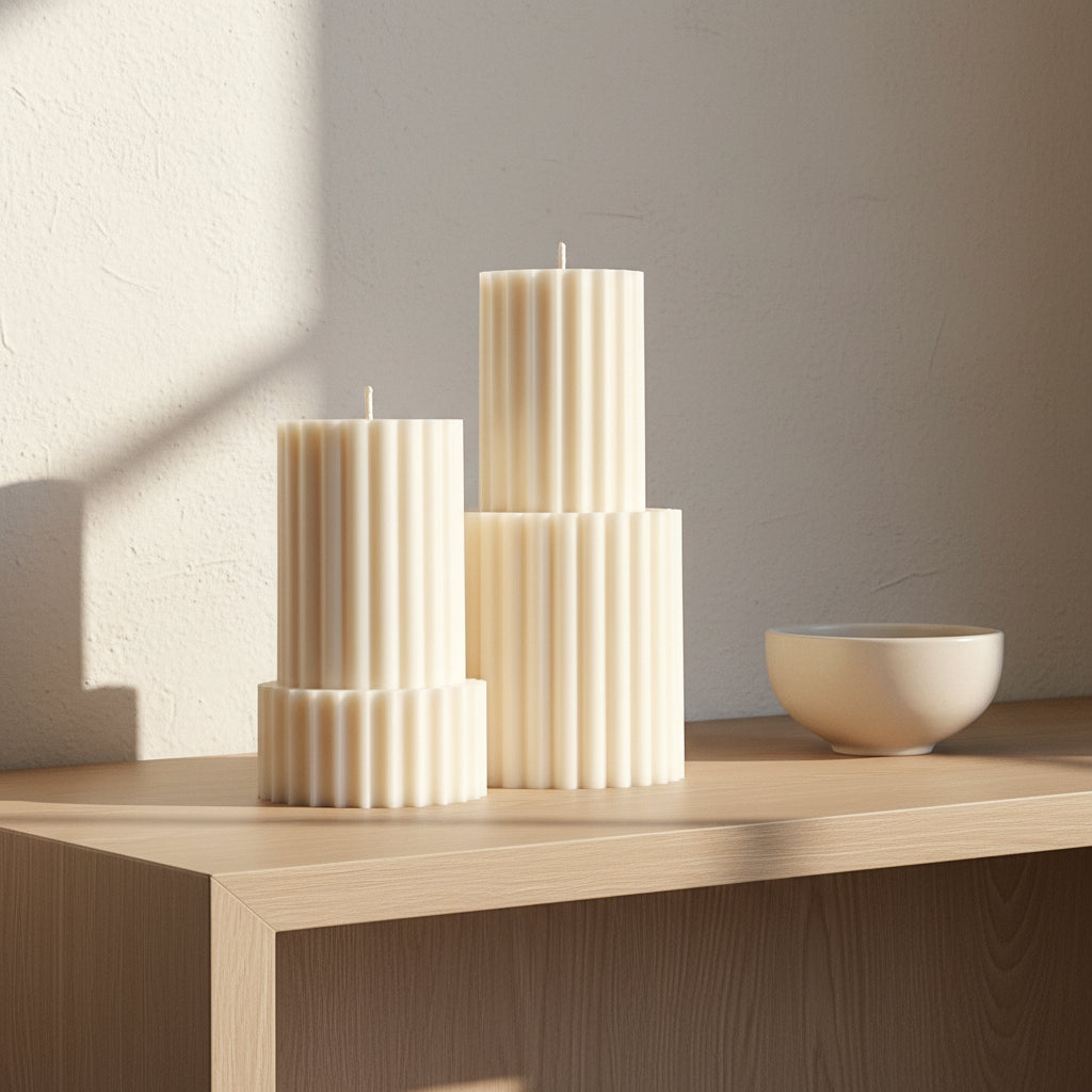 Ribbed Pillar Candle | Soy Wax Candle | Decorative Handmade Candle | Aesthetic Candle| Shaped White Candle| Unscented Candles| Unique Candle-0